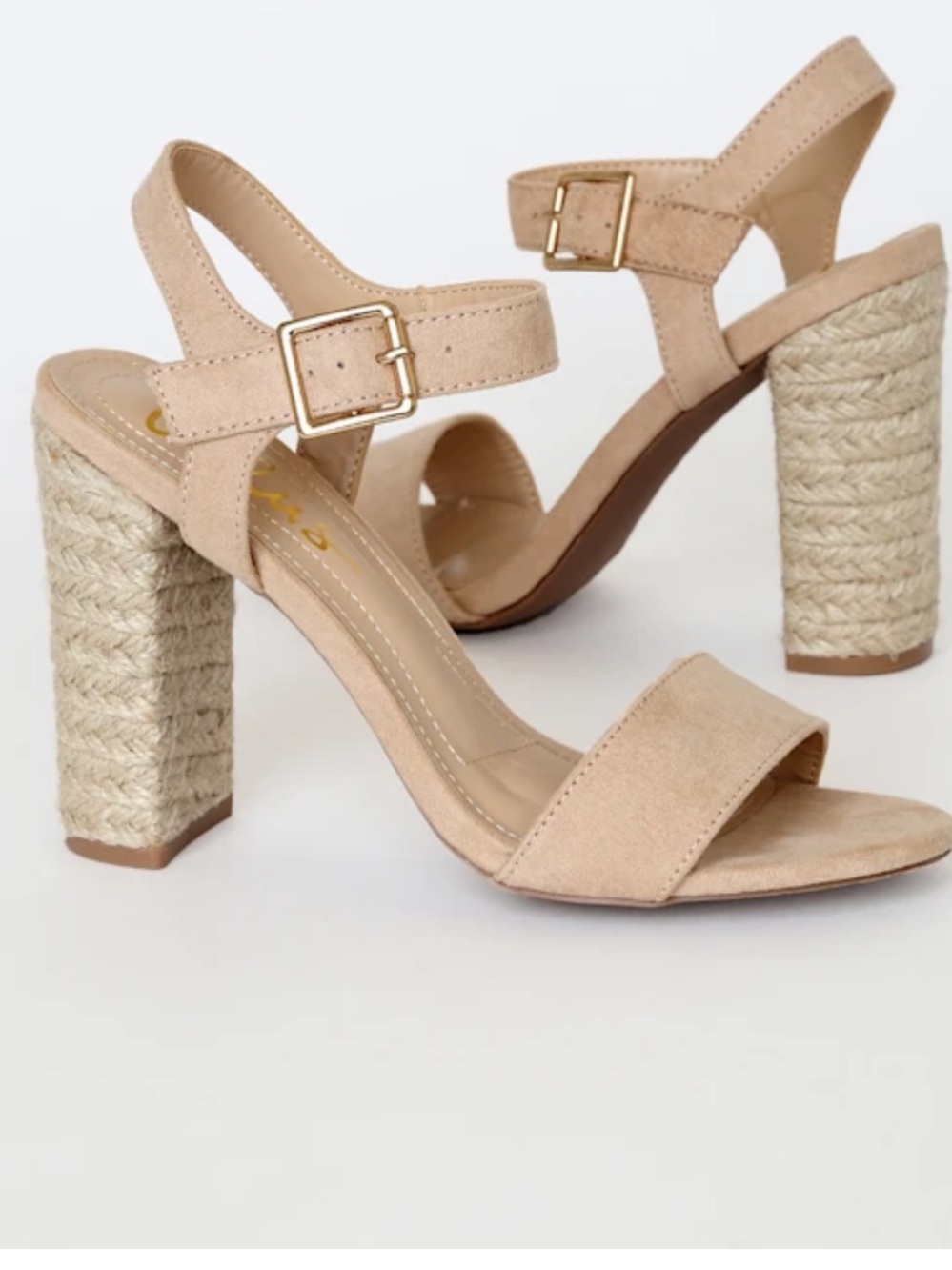 Lulu's Beige Suede Espadrille-Wrapped Block Heel Sandals